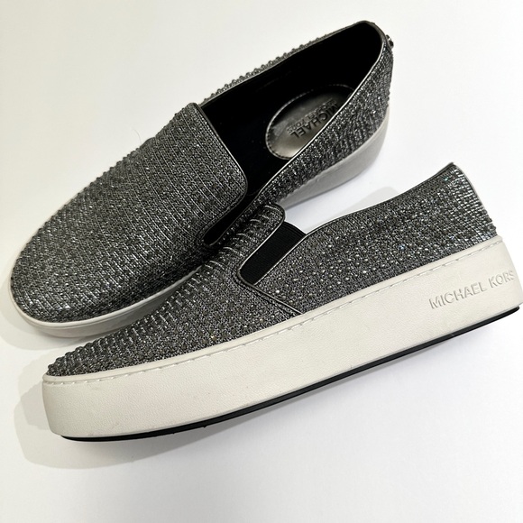 MICHAEL KORS TRENT GLITTER-CHAIN MESH SLIP-ON SNEAKERS BLACK/SILVER 9.5 M NWOB - Picture 1 of 6
